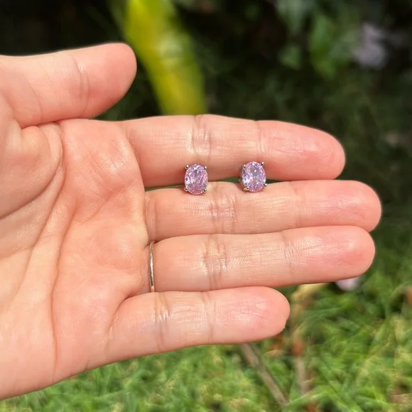 18K White Gold Plated Baby Pink Diamond Stud Earrings - Picture 3 of 6